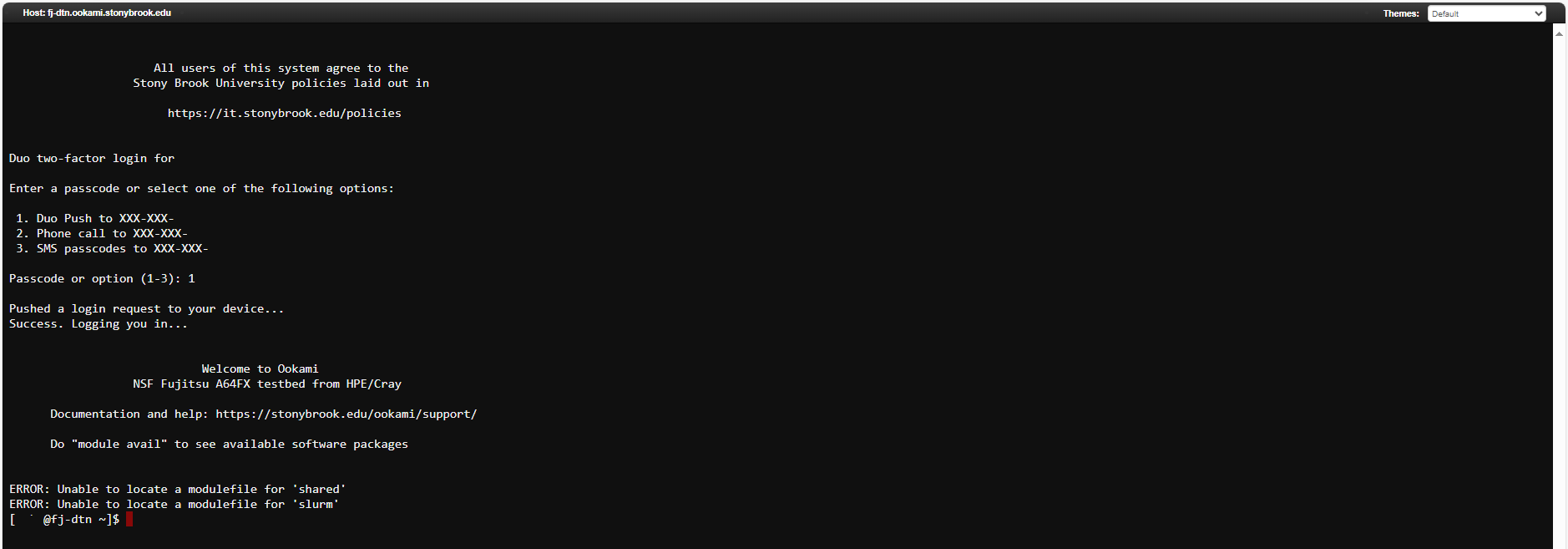 Browser based shell session connected to Ookami